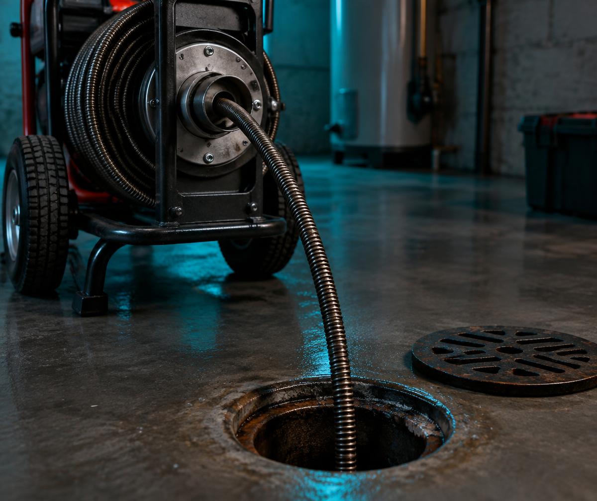Drain cleaning machine with an auger cable feeding into a basement floor drain
