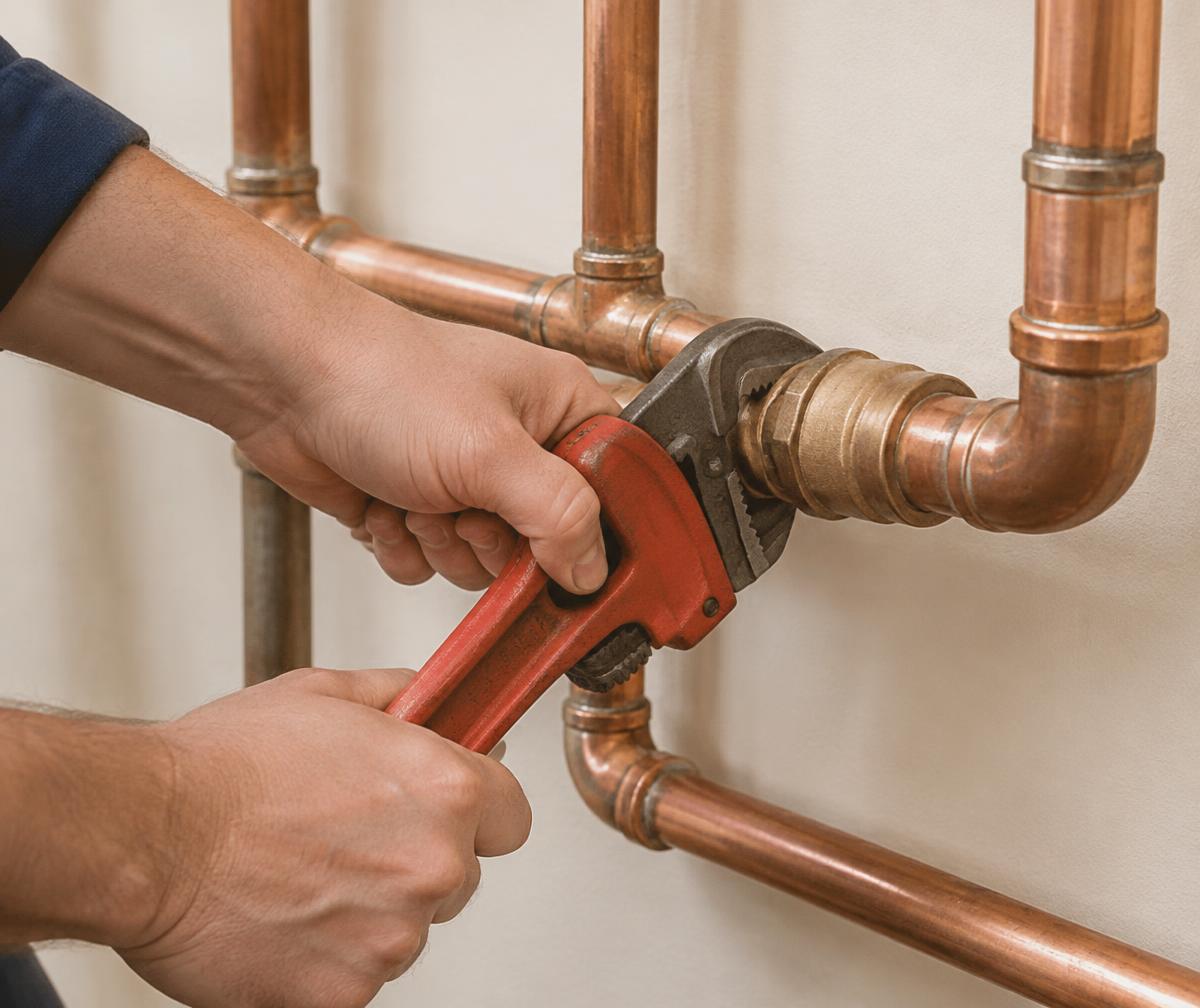 Tradesperson tightening a copper pipe fitting with a pipe wrench